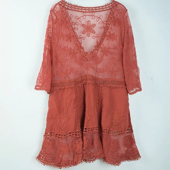 New Bohemian V Neck Crochet Mesh Dress - Picture 6 of 8